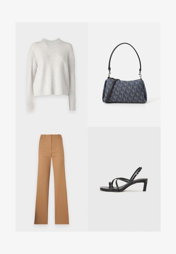 Gaiši pelēks adīts džemperis ar augstu apkakli, vertikālu ribotu faktūru un īsām piedurknēm. Mīksts audums ar mājīgu izskatu.; HUGO HULANA - Chinos tipa bikses - open brown; Melnas strappy sandales ar kvadrātveida purngaliem un zemu bloku papēdi. Ievērojamas ar vairākiem plāniem siksniņām un regulējamu potītes siksniņu. Izgatavotas no gludas ādas.; Zila ar rakstu somiņa, kas izgatavota no auduma, ar izliekta formu, melnu ādas siksnu un logotipa dizainu gaišākā tonī.