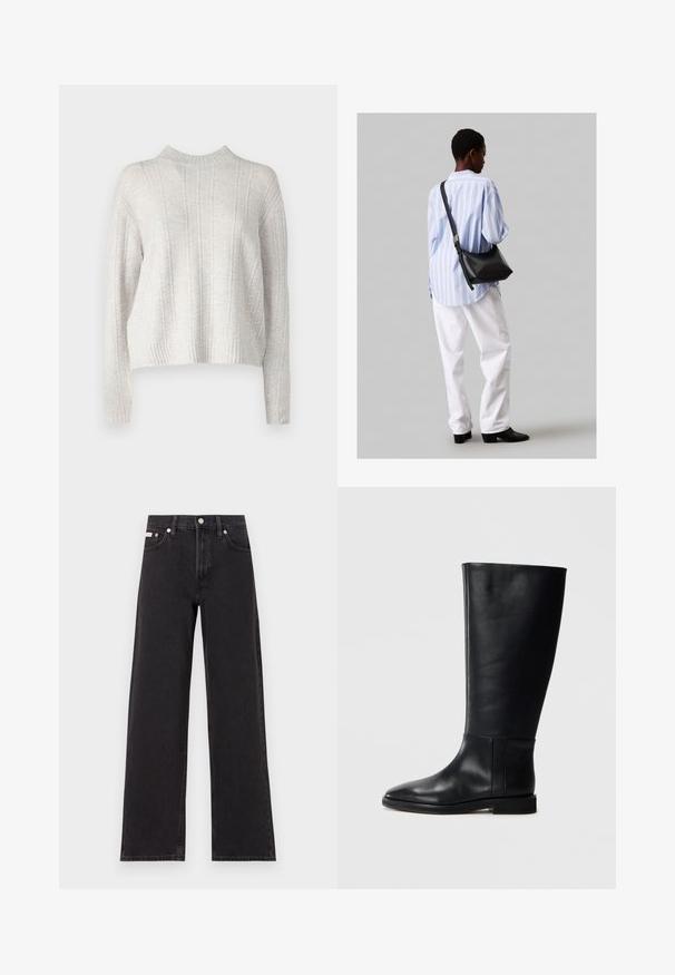 Hellgrauer gestrickter Pullover mit hohem Kragen, vertikaler Rippenstruktur und verkürzten Ärmeln. Weicher Stoff mit einem gemütlichen Aussehen.; Schwarze weit geschnittene Jeans aus Denim mit einem hoch sitzenden Bund, fünf Taschen und einem Metallknopfverschluss mit kontrastierendem Nähte.; Schwarze Lederstiefel bis zum Knie mit runder Zehenform, glatter Textur, minimalistischem Design und flacher Sohle. Einfache Nahtdetails am Schaft.; Schwarze Leder-Umhängetasche mit weicher Textur, dreieckiger Form und verstellbarem Tragegurt, kombiniert mit einem hellblauen gestreiften Hemd und weißen Hosen.