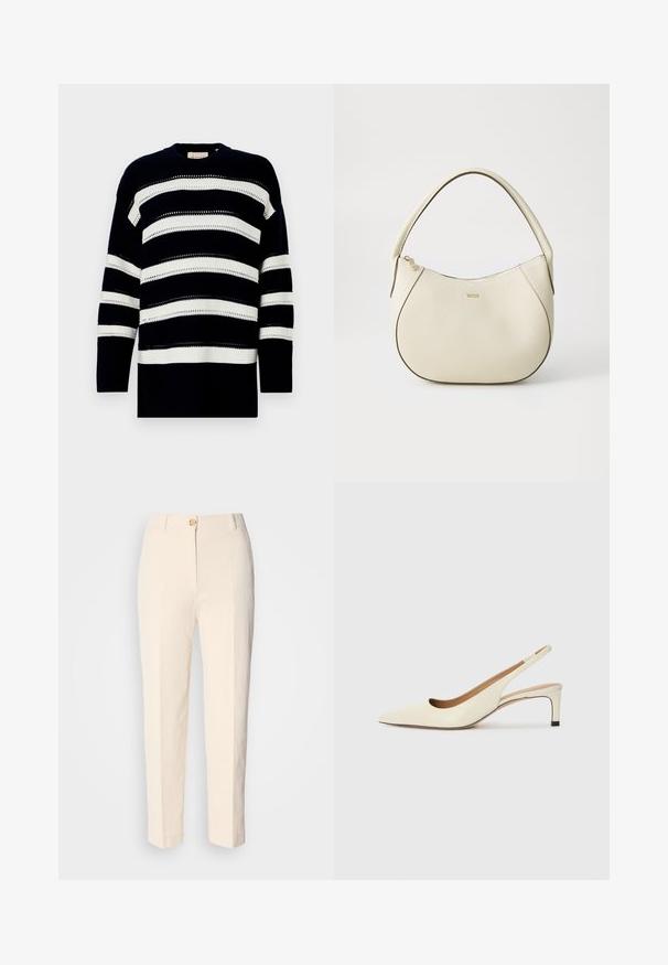 Πλεκτό πουλόβερ ναυτικού και λευκών ρίγων με στρογγυλή λαιμόκοψη και υφή με ανοιχτές πλέξεις. Χαλαρή εφαρμογή με μακριά μανίκια.; Κρεμ χρώματος παντελόνι με ψηλή μέση, φτιαγμένο από υφασμάτινο υλικό με υφή. Διαθέτει κλείσιμο με κουμπί μπροστά και φαρδιά πόδια.; Μπαλαρίνα με μυτερή μύτη σε εκρού δέρμα, με χαμηλό τακούνι και κομψό σχέδιο κοπής, διαθέτοντας λεία υφή και ελάχιστες λεπτομέρειες.; Κρεμ τσάντα χειρός με υφή, καμπύλη σχήμα, κοντό χερούλι και χρυσό λογότυπο. Κλείσιμο με φερμουάρ στην κορυφή.
