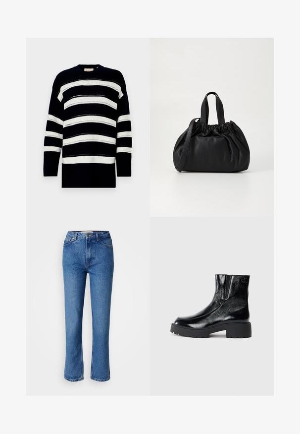 Navy and white striped knit sweater featuring a crew neck and textured pattern with open-knit details. Relaxed fit with long sleeves.; Blue denim jeans with a straight-leg cut, featuring a classic five-pocket design, orange stitching, and a button fly closure.; Black ankle boots with a glossy patent leather finish, chunky black rubber sole, and raised heel; includes subtle logo detail on the side.; Black leather handbag with a gathered top design, featuring two short handles and a long adjustable strap. Smooth texture, rounded shape.