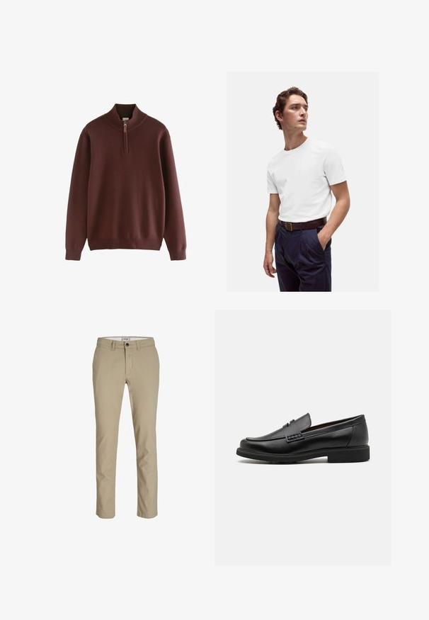 Next Trui - burgandy; Witte katoenen t-shirt met ronde hals, gedragen met marineblauwe geplooide broek en een bruine leren riem met een gouden gesp.; Beige katoenen broek met een slim fit, voorzien van een ritssluiting aan de voorkant, knoopsluiting en vier zakken. Gladde textuur, zonder patronen of accenten.; Zwarte synthetische loafers met een opvallende gestikte voorkant, gevoerde binnenzool en platte rubberen buitenzool; slank ontwerp met minimale details.