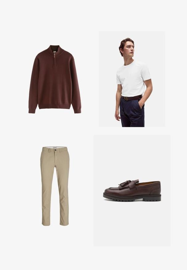 Next Maglione - burgandy; T-shirt bianca in cotone con scollo rotondo, indossata con pantaloni plissettati blu navy e una cintura in pelle marrone con fibbia dorata.; Pantaloni in cotone beige con vestibilità slim, dotati di zip frontale, chiusura con bottone e quattro tasche. Texture liscia, senza motivi o accenti.; Zign Mocassini eleganti - brown