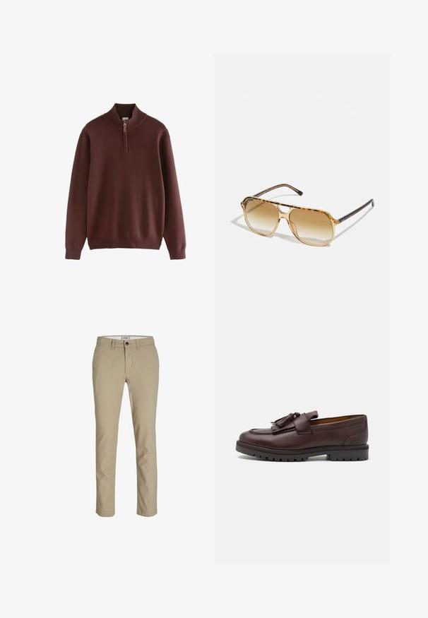 Next Striktrøje - burgandy; Hvid bomulds T-shirt med rund halsudskæring, båret med marineblå plisserede bukser og et brunt læderbælte med en guldbuckle.; Beige bomuldsbukser med slim fit, der har en front lynlås, knaplukning og fire lommer. Glat tekstur, uden mønstre eller accenter.; Zign Business loafers - brown; Skildpaddefarvede solbriller med rektangulær ramme, brune gradientlinser og slanke sorte stænger med diskrete logodetaljer.