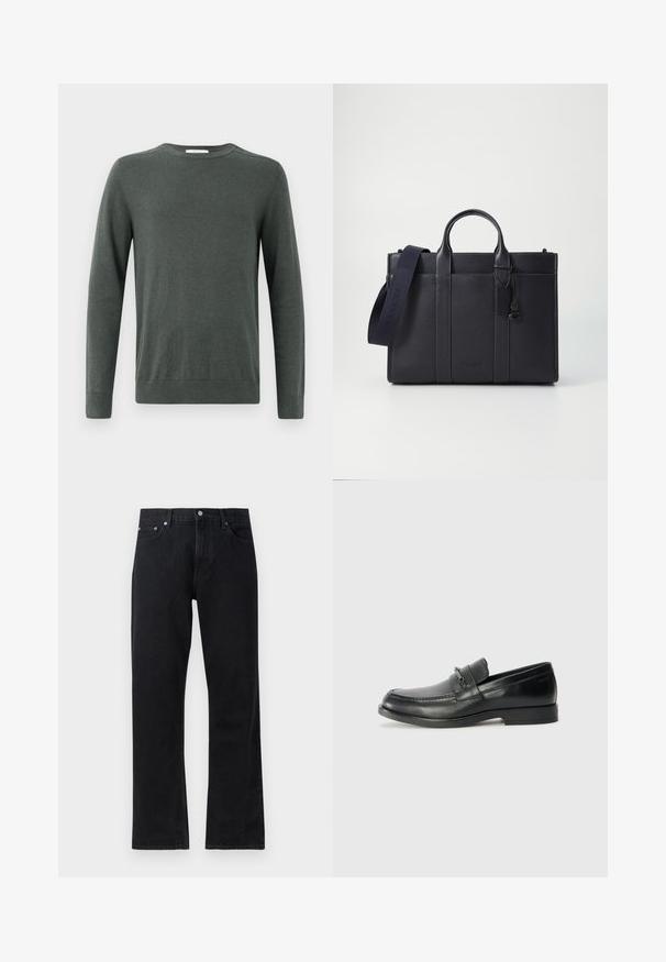 Suéter de manga longa verde escuro, feito de um tecido macio e texturizado, com decote redondo e punhos e bainha canelados. Design simples e clássico.; Calças de ganga pretas com um design de perna reta, apresentando fecho de botão, estilo de cinco bolsos e detalhes de costura subtis.; Mocassins de couro preto com ponta arredondada, apresentando um design costurado, uma pequena tirinha frontal com detalhes em metal e uma sola de borracha plana.; Pasta de couro azul-marinho escura com alças superiores duplas e uma alça destacável. Apresenta um acabamento texturizado, costura vertical e detalhe do logotipo.