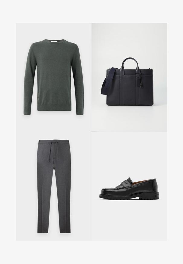 Mörkgrön långärmad tröja i mjukt, strukturerat tyg med rundad halsringning och ribbade muddar och fåll. Enkla, klassiska design.; Mörkgrå taperade byxor med elastisk midja och dragsko, med subtila veck framtill.; Svarta läderloafers har en upphöjd söm, två dekorativa remmar på ovansidan och en tjock texturerad sula för ökat grepp.; Mörk marinblå läderportfölj med dubbla övre handtag och avtagbar rem. Utmärkt med strukturerad yta, vertikal sömnad och logotypdetalj.