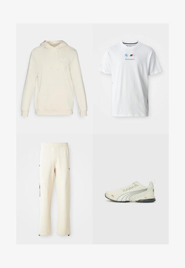 Crème színű kapucnis pulóver hosszú ujjak, állítható húzózsinóros kapucni és elülső kenguruzseb. A mellkason diszkrét fehér Puma logóval rendelkezik.; Fehér pamut póló, BMW logóval, szürke "Motorsport" felirattal és színes díszítésekkel az oldalán. Rövid ujjú és kerek nyakú fazon.; Világos bézs színű, puha anyagból készült jogger nadrág. Fekete logóval, oldalsó cipzáras zsebekkel és laza szabással rendelkezik.; Férfi sneakers, világos krémszínű, hálós felsőrész szürke kiegészítőkkel, fűzős, párnázott talp, Puma logó az oldalon és a sarkon.