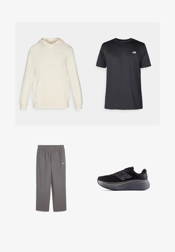 Crème kleurige hoodie met lange mouwen, verstelbare trekkoordkap en voorste kangaroezak. Kenmerkt een subtiele witte Puma-logo op de borst.; New Balance Sport T-shirt - black; Grijze sportbroek met een elastische tailleband, gemaakt van lichtgewicht stof. Kenmerkt zich door een klein wit logo op het linkerpant.; Zwarte sportieve schoen met een gestructureerde bovenkant, versterkte hak en een dikke grijze zool. Heeft een opvallend "N"-logo.