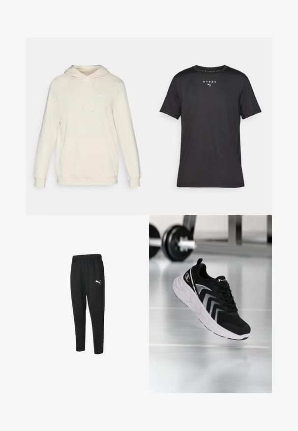 Kremeni dukserica s kapuljačom dugih rukava, podesivim vezicom i prednjim kengur džepom. Sadrži suptilni bijeli Puma logo na prsima.; Crna sportska majica kratkih rukava izrađena od lagane tkanine. Ima okrugli izrez i otisnutu "HYROX" oznaku sa Puma emblemom na prednjoj strani.; Crne atletske hlače od glatkog materijala, s pojasom na vezanje, suženim nogavicama i malim bijelim Puma logotipom s lijeve strane.; Crna atletska cipela s mrežastim gornjim dijelom, bijelim akcentima i teksturiranim potplatom. Ima podstavljeni ovratnik i jezik, s logotipom sa strane.