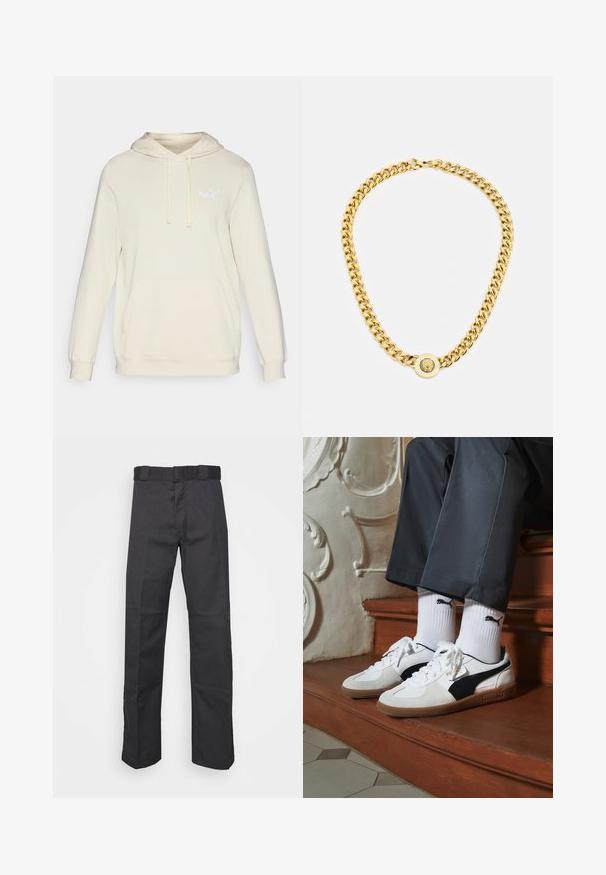 Cremfarbener Hoodie mit langen Ärmeln, verstellbarem Kordelzug an der Kapuze und vorderer Kängurutasche. Mit dezentem weißen Puma-Logo auf der Brust.; Schwarze Hose aus strapazierfähigem Material, mit geradem Bein, einem Bund mit Gürtelschlaufen und Nähten für zusätzlichen Textur.; Puma-Sneaker aus weißem und schwarzem Wildleder mit einer braunen Gummisohle. Kombiniert mit weißen Socken, die ein schwarzes Logo zeigen, getragen zu dunklen Hosen.; Goldene Kettenhalskette mit großen miteinander verbundenen Gliedern, mit einem kreisförmigen Anhänger in der Mitte, der ein erhabenes Emblem zeigt.