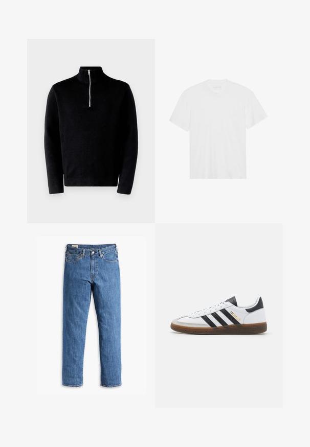 Černý svetr s vysokým límcem a polozipem. Vyroben z ribbed látky, má dlouhé rukávy a hladký povrch.; Bílý bavlněný tričko s krátkým rukávem, kulatým výstřihem a rovním spodním lemem. Hladká textura, minimalistický design bez vzorů nebo akcentů.; Modré džínové kalhoty s rovně střiženými nohavicemi, měděnými nýty a designem s pěti kapsami. Funkce zahrnují šitý lem a klasický pas s poutky na opasek.; Bílé kožené tenisky s černými semišovými akcenty, třemi černými pruhy, béžovou gumovou podrážkou a zlatým označením "SPEZIAL" na boku.