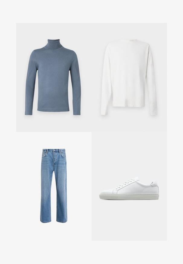 Világoskék, hosszú ujjú garbó pulóver sima, egyszínű kötött textúrával és testre simuló fazonnal, fehér háttér előtt.; Hosszú ujjú fehér pamut ing kerek nyakkivágással, az alján oldalsó hasítékokkal és sima textúrával, hátulról bemutatva.; Világoskék farmernadrág, egyenes szárú fazonnal, öt zsebbel, gombos záródással, minimális kopással és kontrasztos varrással.; Fehér sportcipő sima bőr felső résszel és alacsony profilsal. Kerek orr, hat fűzőlyuk és barázdált gumitalp jellemzi.