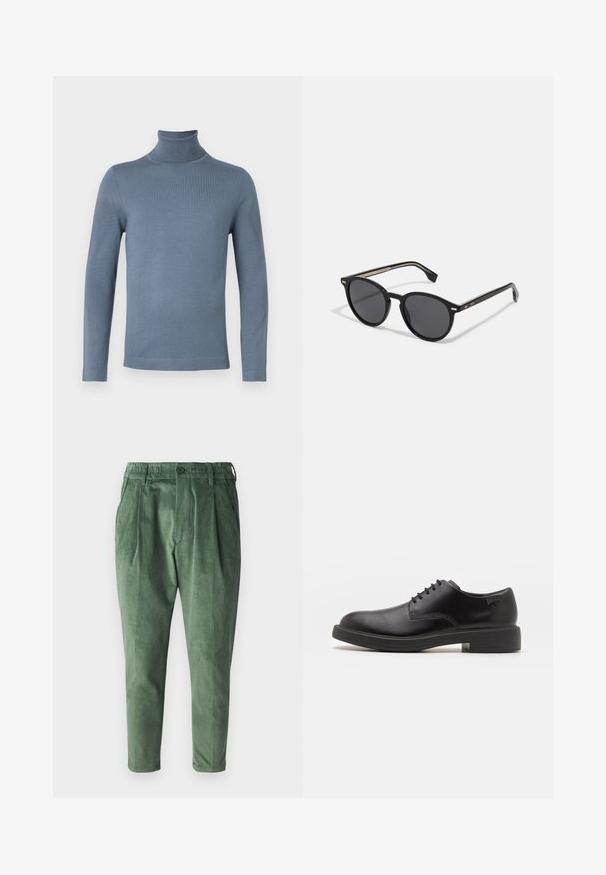 Vaaleansininen pitkähihaisen pooloneule, jossa on sileä, tasainen neulos ja muotoon ommeltu siluetti valkoista taustaa vasten.; Vihreät korduroy-housut, joissa on normaali istuvuus, pleateilla, joustovyöllä ja yhdessä nappisulkimella. Sujuva, teksturoitu kangas.; Mustat nahkasaappaat, joissa on pyöreä kärki, sileä pinta, minimaalinen ommel ja matala kumipohja. Logo kannassa.; BOSS Aurinkolasit - black
