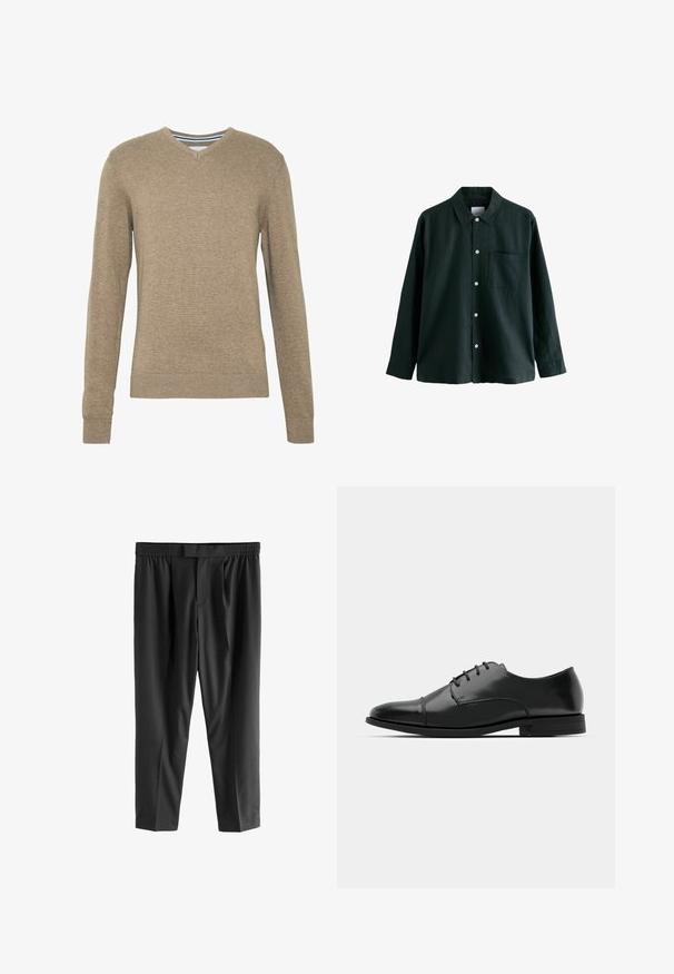 V-kaklo megztinis, pagamintas iš minkšto, šviesiai rudo mezginio audinio, su ilgomis rankovėmis ir gulinčiais rankovių bei apykaklės kraštais. Audinyje subtili tekstūra.; Tamsiai žalia marškinėliai su apykakle, ilgomis rankovėmis ir viena krūtinės kišene; turi baltus mygtukus ir švelnų tekstūrą.; Next REGULAR FIT -CHECK SMART - Chino stiliaus kelnės - black; Juodas odinis džinsinis batų modelis su apvaliu galiuku, raišteliu ir subtiliomis siūlėmis, taip pat žemu kulnu. Lygus pavirčius su blizgiu apdaila.