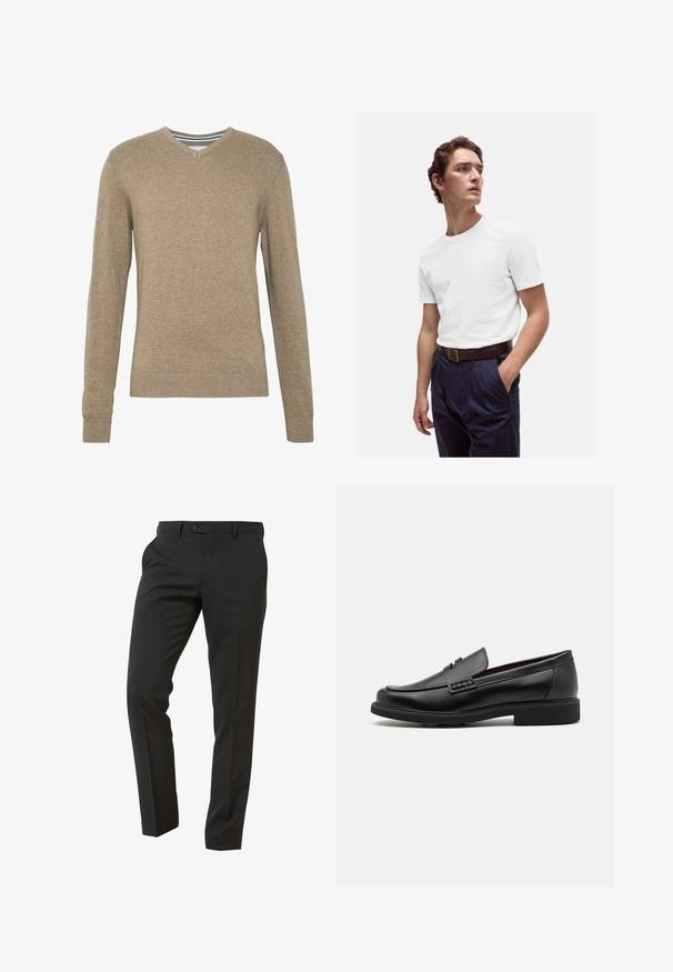 V-Ausschnitt Pullover aus weichem, hellbraunem Strickstoff, mit langen Ärmeln und gerippten Bündchen und Saum. Dezente Textur im gesamten Stoff.; Weißes Baumwoll-T-Shirt mit rundem Ausschnitt, kombiniert mit navyblauen, gefalteten Hosen und einem braunen Ledergürtel mit goldener Schnalle.; Next Trousers - Suit Trousers Slim Fit - Anzughose - mottled black; Schwarze synthetische Slipper mit einer markanten gesteppten Vorderseite, gepolstertem Fußbett und flacher Gummisohle; schlankes Design mit minimaler Detailverarbeitung.