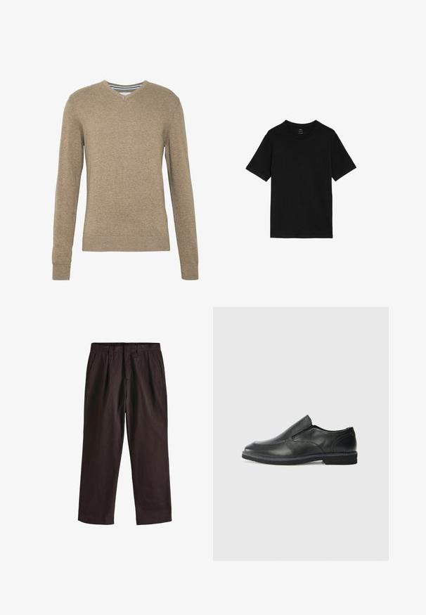 V-hals trui gemaakt van zachte, lichtbruine brei stof, met lange mouwen en geribbelde boorden en onderrand. Fijne textuur door de gehele stof.; Zwarte t-shirt van katoen, voorzien van een klassieke ronde hals, korte mouwen en een rechte zoom. Geen patronen of afbeeldingen aanwezig.; Next EDIT - REGULAR FIT - Broek - brown; Zwarte leren instapper met een soepele bovenkant, gestikte accenten, ronde neus en een lage rubberen hak. De zool heeft minimale profiel.