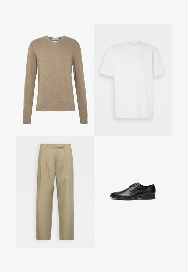 V-hals genser laget av myk, lysebrun strikket stoff, med lange ermer og ribbestrikkede mansjetter og nederkant. Diskret tekstur gjennom hele stoffet.; Hvit kortermet T-skjorte i bomull med rund hals og en enkel, rett snitt uten mønstre eller dekorasjoner.; Beige, høytlivs bukser med rett snitt, med flat front, sidelommer og et jevnt, strukturert stoff.; Svart lærskinn dressko med glatt tekstur, rund tå og fire øye-lisse design. Har en lav blokkheel og broderte detaljer.