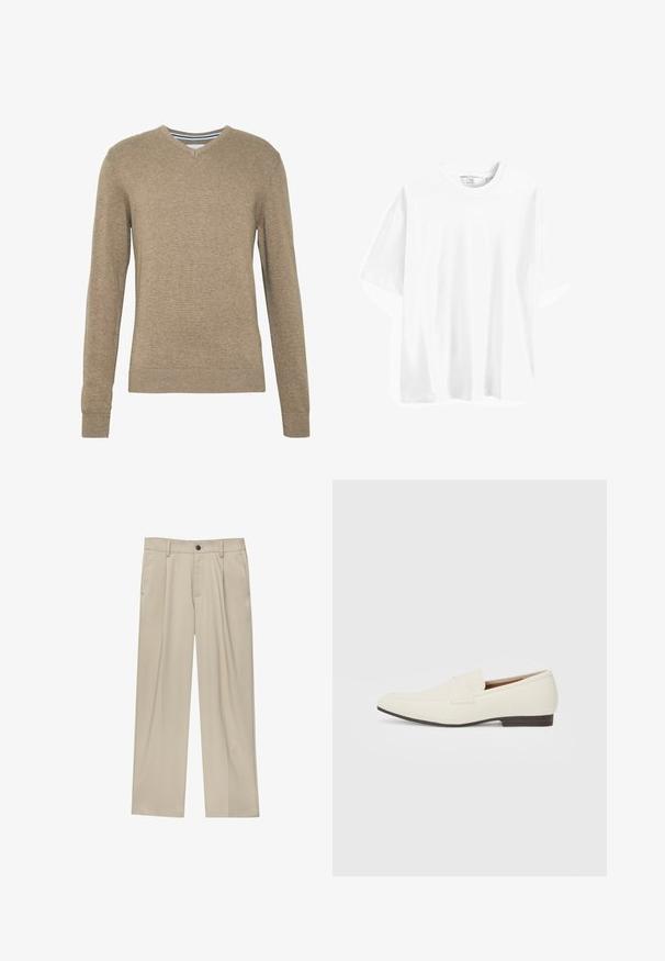 V nyakú pulóver puha, világosbarna kötött anyagból, hosszú ujjal és bordás kézelővel valamint aljjal. Finom textúra az anyagon.; Fehér pamut, rövidujjú póló, kerek nyakkal, laza szabással és sima felülettel. Nincsenek látható minták vagy díszítések.; Beige egyenes szárú nadrág, egy fekete gombbal, övhurkokkal és oldalzsebekkel. Sima szövettextúra és minimális design.; Világos bézs loaferek hegyes orral, sima anyagból, a lábfejen lévő pánttal és alacsony barna talppal. Egyszerű dizájn, minimális díszítéssel.