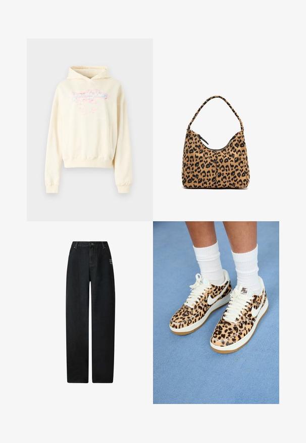 Felpa con cappuccio color crema, dalla vestibilità morbida, dotata di tasca frontale e di una grafica rosa e blu sul petto.; Jeans a gamba larga in denim nero con vita alta, dotati di design a cinque tasche e un piccolo dettaglio ricamato sul davanti.; Sneakers Nike Air Force 1 con stampa leopardata, con lacci e swoosh bianchi, caratterizzati da una suola in gomma beige e una parte superiore testurizzata. Calze a compressione bianche visibili.; Borsa a tracolla con stampa leopardata e manico curvo, realizzata in morbido tessuto, con chiusura a zip sulla parte superiore e dettagli neri lungo i bordi.