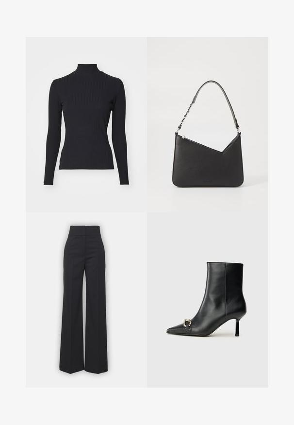 Zwarte geribde coltrui met lange mouwen. Gemaakt van rekbare stof met een getailleerde pasvorm en hoge kraag. Eenvoudig ontwerp zonder versieringen.; Wijdvallende broek in zwarte stof met een hoge tailleband, met een schone afwerking en een gladde textuur. Geen zichtbare hardware of patronen.; Zwarte leren enkelboot met spitse neus, slanke middenhoge hak en zilveren gespdetail aan de zijkant op een effen achtergrond.; Zwart leren handtas met een driehoekige vorm, een slanke strap en zilveren hardware. Voorzien van een ritssluiting en een reliëflogo op de voorkant.