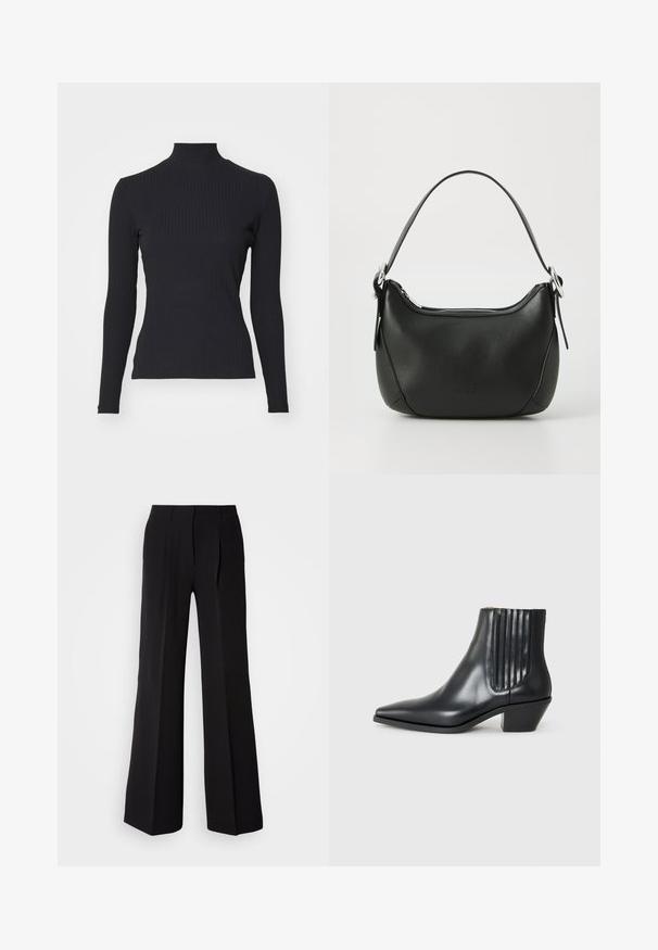 Fekete bordás garbó felső hosszú ujjakkal. Nyújtható anyagból készült, fitted fazonú, magas gallérral. Egyszerű, díszítések nélküli design.; Fekete nadrág sima anyagból, magas derekú, bőszárú szabással, és két elülső pliszével a dizájn részletessége érdekében.; Fekete bőr bokacsizma hegyes orral, elasztikus oldalsó panelekkel, amelyek függőleges bemetszésekkel rendelkeznek, és alacsony blokk sarkú. Sima textúrájú és elegáns dizájn.; Fekete bőr kézitáska ívelt formával, ezüst cipzárral és rövid fogantyúval. Az elején diszkrét logó található, és sima tapintású.