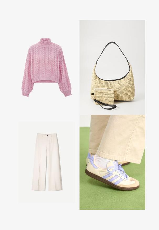 Helles rosa gestricktes Sweatshirt mit hohem Kragen, Kabelmuster und weiten Ärmeln. Der Stoff wirkt weich und strukturiert. Cropped-Design.; Cremfarbene weitem Hosen mit maßgeschneidertem Design, ausgestattet mit zwei vorderen Taschen und einem vorderen Knopfverschluss, aus glattem Stoff gefertigt.; Cremefarbene und lavendelfarbene Sneakers mit drei Streifen und einer strukturierten braunen Sohle, ausgestattet mit Schnürsenkeln und einer gepolsterten Ferse. Obermaterial aus weichem Stoff.; Geflochtene Strohtasche mit geschwungener Silhouette, ausgestattet mit einem glatten schwarzen Ledergriff und einem passenden kleinen Beutel, der mit einem Handgelenkriemen befestigt ist.