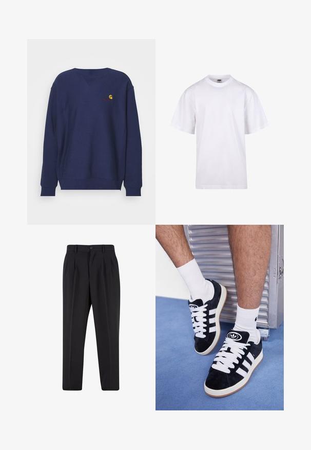 Carhartt WIP AMERICAN SCRIPT - Sportinis megztinis - air force blue; Balta medvilnės marškinėliai su apvaliu iškirpimu, trumpomis rankovėmis ir laisvu siluetu. Turi paprastą dizainą be raštų ar akcentų.; Juodi kelnių su raukšlėtu priekiu dizainu, pagaminti iš lygaus audinio. Su mygtuko užsegimu ir diržo kilpomis; tiesios kojų formos.; Juodos zomšos sportbačiai su baltais raišteliais ir trimis baltais dryžiais. Ant liežuvėlio yra apvalus juodas logotipas, o pado medžiaga – guminė.