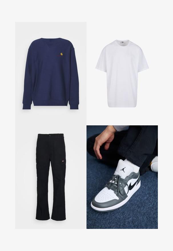 Carhartt WIP AMERICAN SCRIPT - Felpa - air force blue; Maglietta bianca in cotone con maniche corte, scollatura rotonda, vestibilità comoda e senza loghi o motivi visibili. Texture liscia e design minimale.; Pantaloni cargo neri con design a gamba dritta, realizzati in tessuto resistente, con tasche laterali e un logo a patch sul lato sinistro.; Sneakers Nike Air Jordan 1 in pelle bianca e grigia, con un logo nero, punta perforata e lacci grigi piatti.
