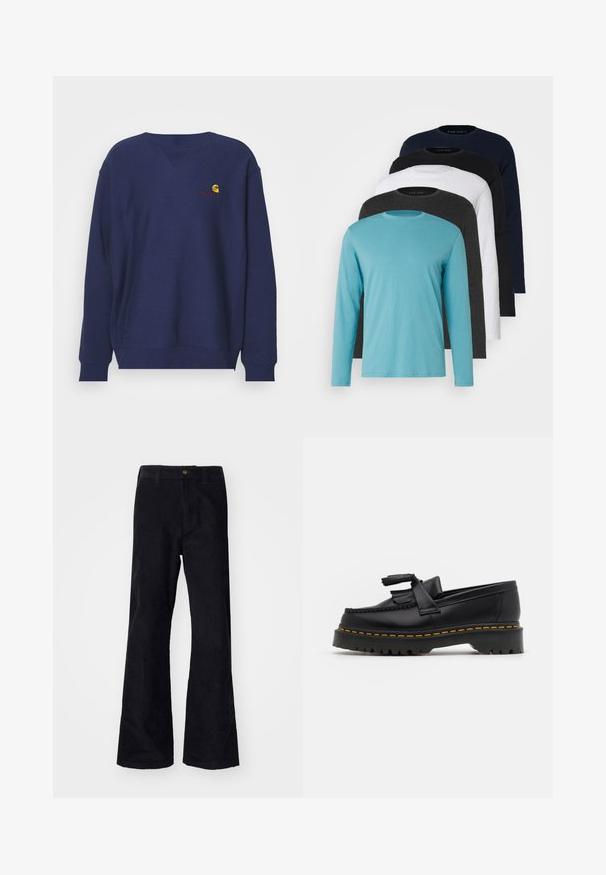Carhartt WIP AMERICAN SCRIPT - Ikdienas džemperis - air force blue; Pieci garie piedurkņu T-krekli rindā: tirkīza, melna, balta, tumši pelēka un jūras zila. Mīksts audums ar apaļu kakla izgriezumu un standarta piegriezumu.; Melnas kokvilnas flared bikses ar tradicionālo jostasvietu, vienu priekšējo pogu un kabatām sānos un aizmugurē. Raita tekstūra.; Melnas ādas mokasīni ar pērlītēm uzsvaru, ar masīvu melnu zoli un dzeltenu šuvumu gar malu. Ar teksturētu apdari.