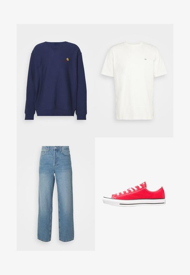 Carhartt WIP AMERICAN SCRIPT - Sweatshirt - air force blue; White cotton t-shirt with crew neckline, short sleeves, and a small black "W.W." logo on the left chest. Smooth texture, regular fit.; High-waisted light blue denim jeans with straight legs, front button closure, and five-pocket styling on plain background.; Red canvas sneaker with white rubber toe cap and sole. Features five pairs of white eyelets, black side stripe, and textured surface.