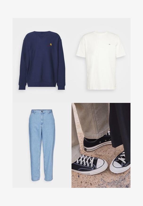 Carhartt WIP AMERICAN SCRIPT - Sweater - air force blue; Witte katoenen t-shirt met ronde hals, korte mouwen en een klein zwart "W.W." logo op de linkerborst. Gladde textuur, reguliere pasvorm.; Lichtblauwe denim jeans met een relaxte pasvorm, hoge taille en rechte pijpen. Voorzien van voorzakken en een metalen knoopsluiting.; Zwarte canvas sneakers met witte rubberen neuzen en veters. Contrasterende stiksels en metalen oogjes voegen detail toe. Gecombineerd met beige broek en zwarte stof.