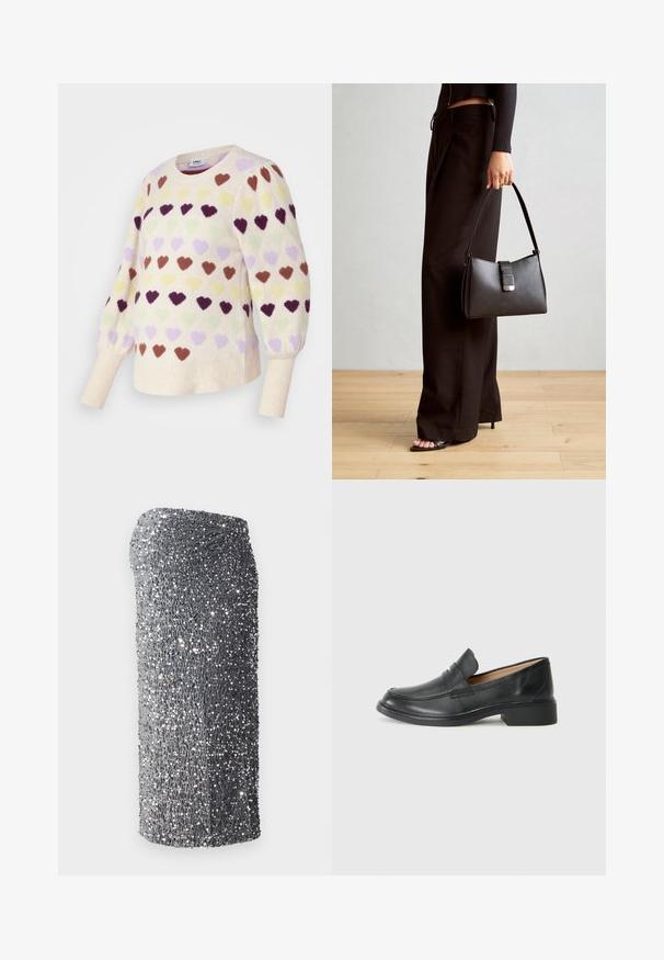 Beige trui met een ronde hals en opgeblazen mouwen, versierd met meerkleurige hartpatronen in paars, groen, geel en bruin.; Zilverkleurige jurk met pailletten, voorzien van een aansluitende pasvorm, een gladde textuur en een verloop patroon van donker naar lichtgrijs, met een korte zoom.; Zwarte leren instapper met een lage hak, met een gestikt ontwerp en slip-on stijl, tegen een effen witte achtergrond.; Zwarte handtas met gestructureerde vorm, gladde textuur en een metalen sluiting. Gecombineerd met brede zwarte broeken en sandalen met open teen op een houten vloer.