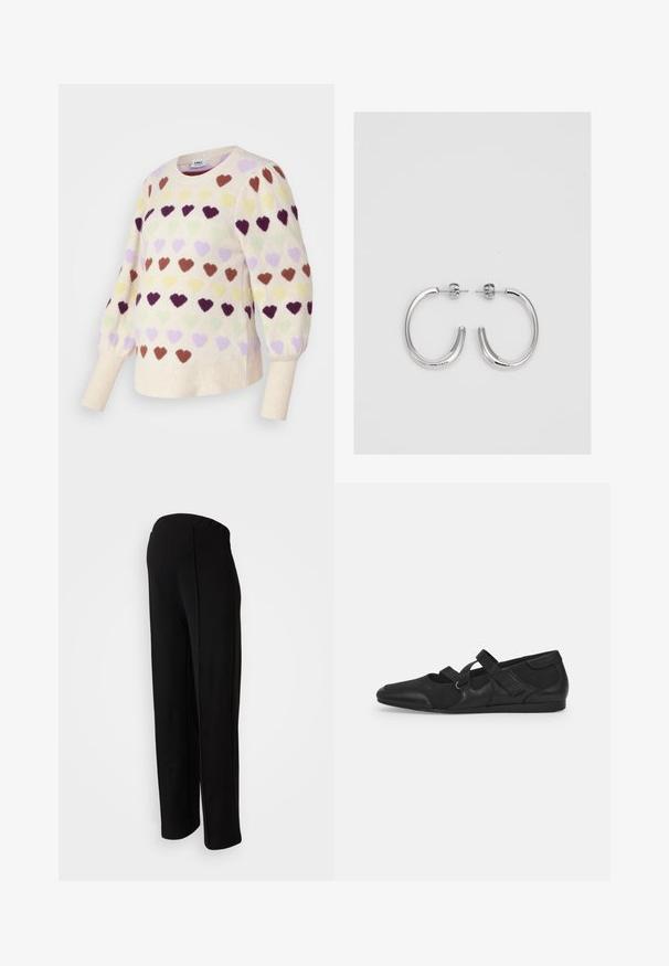 Beidzs sarkani džemperis ar apaļu kakla izgriezumu un pūkainām piedurknēm, ar daudzkrāsainiem sirds rakstiem purpursarkanā, zaļā, dzeltenā un brūnā krāsā.; Melni augstās jostas bikses ar taisnu piegriezumu, kurām ir gluda tekstūra un nav redzamu aizdaru, izceļoties ar sānu šuvju detaļām.; Melni plakani apavi ar mīkstu, faktūrētu augšu, aprīkoti ar divām regulējamām siksniņām un noapaļotu purngalu, uz plakana gumijas zoles.; Sudraba riņķveida auskari ar gludu, spīdīgu apdari. Apaļas formas, viegla dizaina, ar aizdari uz stieples.