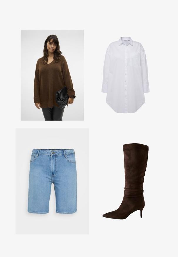 Brun oversized striktrøje med V-hals og ribbede manchetter, parret med en sort fold-over clutch. Modellen bærer tætsiddende sorte bukser.; Hvid skjorte med krave, enkelt lomme på venstre bryst, lange ærmer med knapmanchetter og buet kant. Fremstillet af bomuld.; Lys blå denim shorts med klassisk pasform, der har en frontknaplukning, bæltestropper og to sidelommer. Glat tekstur og lige kant.; Brune ruskind knæhøje støvler med spidse tåer og en slank hæl. Designet har en samlet tekstur nær toppen for ekstra detaljer.