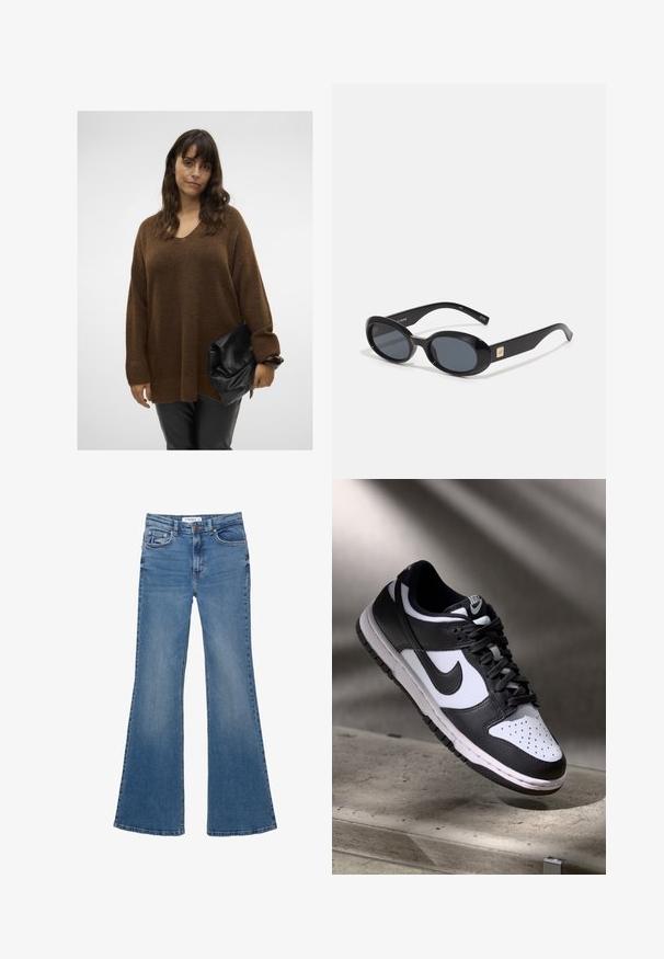 Pull en tricot oversize marron avec un col en V et des poignets côtelés, associé à une pochette noire à rabat. Le mannequin porte un pantalon noir ajusté.; Jean en denim bleu évasés avec poches avant et arrière, passants de ceinture et fermeture à bouton, étalés à plat sur un fond blanc.; Sneaker Nike Dunk Low en noir et blanc avec tige en cuir, boîte à orteils perforée et lacets noirs, dotée d'une semelle blanche et d'accents de logo.; Lunettes de soleil ovales noires avec des verres foncés, monture en plastique brillant, branches larges et un petit accent doré d'un côté.; Sac hobo en cuir noir au forme douce et arrondie. Il présente une large poignée supérieure et des fronces à la base pour une texture décontractée.