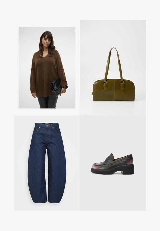 Brun oversized strikkegenser med V-hals og ribbede mansjetter, parret med en svart fold-over clutch. Modellen har på seg tettsittende svarte bukser.; Mørkeblå høytalende denimjeans med vide ben, frontknap og glidelås, samt klassisk femlommers design.; Svarte skinnloafers med rund tå, dekorativ stropp og tonalt gradient fra svart til mørk rosa på hælen. Har en kraftig såle.; Olivengrønn lærveske med rund form, doble håndtak og sømløft front. Har en jevn tekstur og subtile sømdetaljer.; Sølv ringøredob med en polert finish, med små gull detaljer og en rund form, båret på øreflippen.