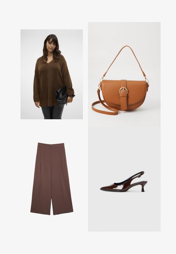 Rjava prevelika pletena pulover s V-izrezom in rebrovanimi manšeti, v kombinaciji z črno torbico na pregib. Model nosi oprijete črne hlače.; Rjave široke hlače z gladko teksturo, ki imajo visok pas in sprednje naborke. Tkanina je lahka in prosto pada.; Rjavi lakirani slingback čevelj z ostro konico in zmerno peto. Ima zaponko za varno prileganje. Gladka tekstura.; Rjava usnjena torbica prek telesa s ukrivljeno obliko, zlate opreme in sponko. Ima odstranljiv naramni trak.