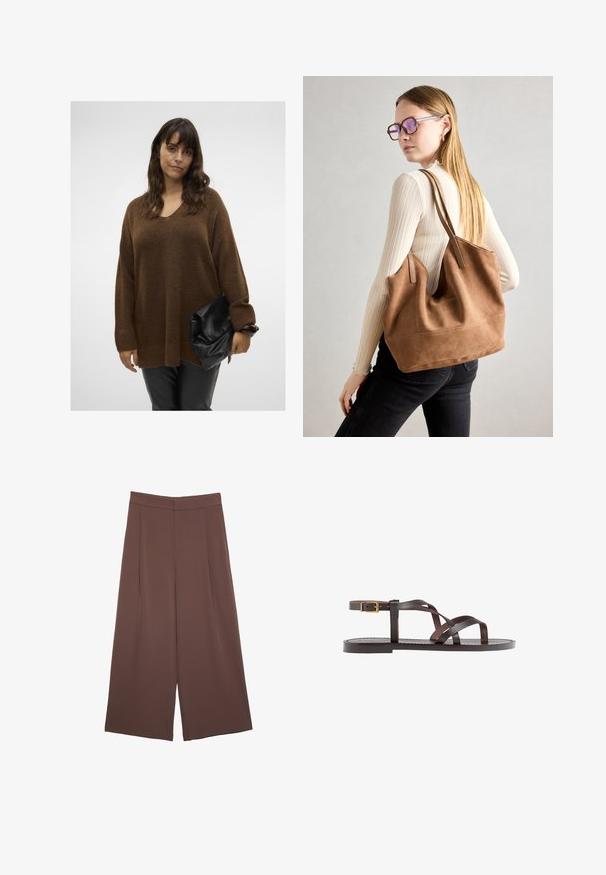 Pull en tricot oversize marron avec un col en V et des poignets côtelés, associé à une pochette noire à rabat. Le mannequin porte un pantalon noir ajusté.; Pantalons larges marron avec une texture lisse, dotés d'une taille haute et de plis à l'avant. Le tissu est léger et tombe de manière fluide.; Sandale en cuir marron avec des brides entrecroisées, une fermeture à boucle à la cheville et une semelle plate avec des détails de couture minimaux.; Sac fourre-tout en daim marron avec une texture douce, grande ouverture et longues sangles. Présente un design simple avec des coutures visibles et sans matériel.