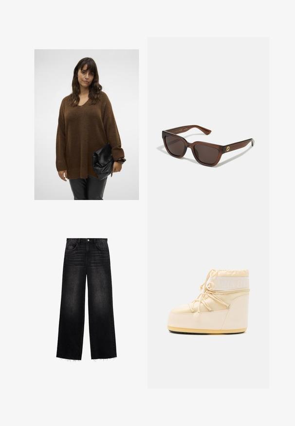 Pulover tricotat oversized de culoare marron, cu decolteu în V și manșete cu model, asortat cu o poșetă neagră cu pliuri. Modelul poartă pantaloni negri mulți.; Jeans negre cu polițe largi, din denim. Au talie înaltă, design cu cinci buzunare și tiv decolorat cu un efect de estompare ușoară. Croială normală.; Cizme Luna bej deschis, cu vârful rotund, închidere prin șnur și talpă din cauciuc texturat. Prezentă branding alb și materiale sintetice netede.; Ochelari de soare dreptunghiulari, maro, cu margini rotunjite, având lentile întunecate și o finisare lucioasă. Accente cu logo auriu pe brațe.