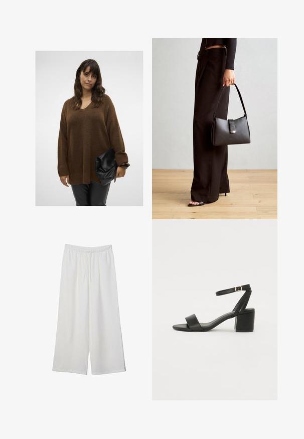 Smeđi oversized pleteni pulover s V-izrezom i rebrastim manžetama, uparen s crnom torbicom koja se preklapa. Model nosi uske crne hlače.; Bijele hlače širokog kroja izrađene od lagane tkanine, s elastičnim pojasom i vezicom za prilagodljivu veličinu. Glatka tekstura.; Crne sandale na visoku petu s glatkim kožnim gornjim dijelom, otvorenom kapicom, širokim prednjim trakama i podesivim remenom oko gležnja s detaljem zlatne kopče.; Crna torba s oblikom koji sadrži strukturu, glađu teksturu i metalnu kopču. Uparena s širokim crnim hlačama i sandalama na otvorenom s drvenog poda.
