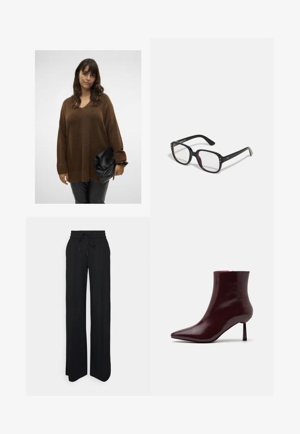 Pull en tricot oversize marron avec un col en V et des poignets côtelés, associé à une pochette noire à rabat. Le mannequin porte un pantalon noir ajusté.; Pantalons larges noirs en tissu doux. Dotés d'une taille élastique avec cordon de serrage, de lignes épurées et sans motifs ni accents visibles.; Bottine en cuir verni bourgogne avec un bout pointu et un talon aiguille Slim, présentant une texture lisse et brillante et un design minimaliste.; Lunettes noires rectangulaires avec des verres transparents, présentant des bords arrondis et des accents sur les côtés, avec une finition brillante sur la monture et les branches.