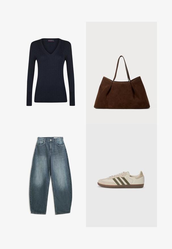 Marineblauer, langärmliger V-Ausschnitt-Pullover mit einem Kabelstrickmuster sowie gerippten Bündchen und Saum.; Blaues Baumwoll-T-Shirt mit kurzen Ärmeln. Mit einem weißen Grafikdesign auf der Vorderseite, das eine Figur mit Kopfhörern und einem Bogen zeigt.; Helleblaue Denim-Jeans im weiten Schnitt haben eine hohe Taille, fünf Taschen, dezente Ausbleichungen und Ziernähte entlang der Nähte.; adidas Originals SAMBA OG UNISEX - Sneaker low - alumina/medium dark khaki/gum; Braune Wildleder-Shopper-Tasche mit zwei Schulterriemen, großzügiger rechteckiger Form und minimalistischem Design. Weiche Textur mit glatter Oberfläche.