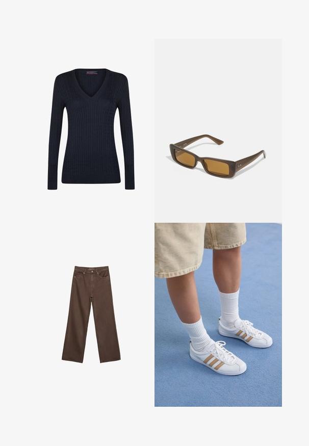 Maglione blu navy a maniche lunghe con scollo a V, caratterizzato da un motivo a treccia e polsini e fondo a coste.; Jeans a gamba larga marroni in denim, con vita alta, tasche anteriori e chiusura a bottone classica. Tessuto liscio con cuciture sottili.; Sneaker bianche con tre strisce dorate, design con lacci, suola in gomma, indossate con calze bianche a coste e pantaloni beige su una superficie blu.; Occhiali da sole rettangolari marroni con montatura marrone scuro, lenti ambrate oscurate e logo argentato sulla stanghetta. Superficie opaca e liscia.; Borsa a tote in suede marrone con due manici, forma rettangolare ampia e design minimalista. Texture morbida con finitura liscia.