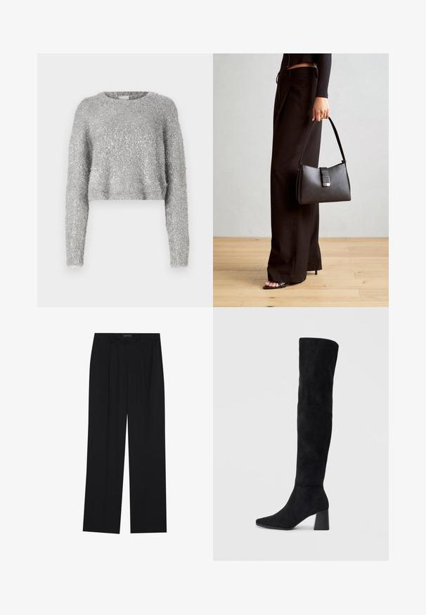 Pulôver cinza claro curta com mangas longas; textura felpuda e material ligeiramente brilhante. Decote redondo, com detalhes adicionais mínimos.; Calças pretas com um design de perna reta, apresentando dois bolsos frontais e um cós. Feitas de um tecido leve e suave.; Bota de camurça preta até ao joelho com salto bloco, bico fino e design suave e sem costuras sobre um fundo claro.; Bolsa preta com forma estruturada, textura suave e um fecho metálico. Combinada com calças largas pretas e sandálias de salto aberto sobre um chão de madeira.