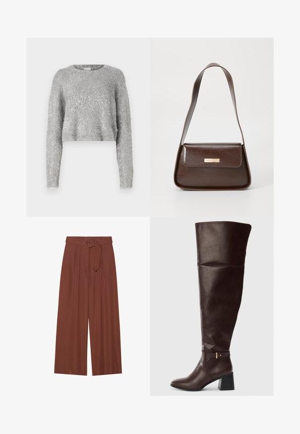 Pulôver cinza claro curta com mangas longas; textura felpuda e material ligeiramente brilhante. Decote redondo, com detalhes adicionais mínimos.; Calças de perna larga em tecido castanho, com um cinto de fivela quadrada, design pregueado e textura suave.; Bota de couro castanho escuro até ao joelho com salto bloco e detalhe decorativo em tiras à lateral, apresentada sobre um fundo claro e simples.; Bolsa de ombro em couro castanho com uma forma estruturada, apresentando um fecho magnético e um detalhe metálico com o logótipo na frente.
