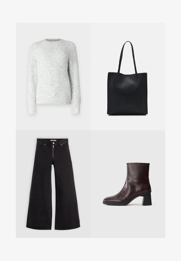 ONLY ONLMAGGIE LIFE O NECK - Pulover - light grey; Široke traperice iz črnega denima z zadrgo spredaj, petimi žepi in diskretnimi šivi. Gladka tekstura in ležeren slog.; Temno rjave usnjene gležnjarje z blokastim peto in okroglo konico, prikazane na enobarvnem svetlo sivo ozadju.; Črna usnjena torba s svilnato teksturo, pravokotne oblike in dvema dolgima ročajema. Brez vidnih metalnih delov ali okrasnih elementov.