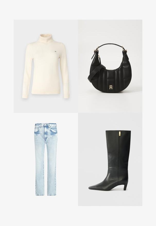 Pull à col roulé crème en tissu tricoté doux. Présente des manches longues, une coupe ajustée et un petit logo sur la poitrine.; Jeans en denim bleu clair avec un design à jambe droite, cinq poches et une texture délavée. Présente des coutures visibles et une fermeture à bouton classique.; Botte noire en cuir, montant jusqu'au genou, avec un bout pointu et un petit talon. Design épuré avec un détail en accent doré. Texture lisse.; Sac à main en cuir noir avec une forme incurvée, texture matelassée et quincaillerie dorée. Dispose d'une bandoulière amovible et d'un détail de logo.
