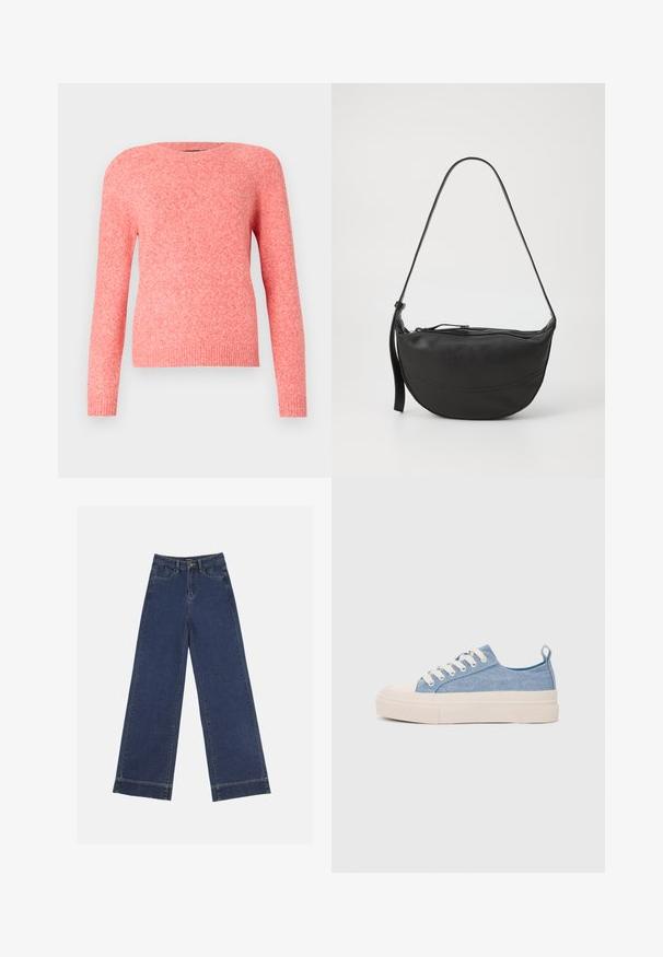 Pulover tricotat roz cu mâneci lungi, guler rotund și manșete și tiv cu nervuri. Textură moale cu un aspect ușor melanjat.; Jeans evazați din denim albastru închis. Au cinci buzunare, bucle pentru curea și o margine brută la baza, cu detalii de coasere vizibile.; Sneakers din pânză de culoare albastru deschis, cu vârf și talon din cauciuc crem, având șireturi albe și un maner pe călcâi.; Geantă de umăr din piele neagră, cu formă curbată, curea unică, închidere cu fermoar și detalii subtile de cusătură pe corp.