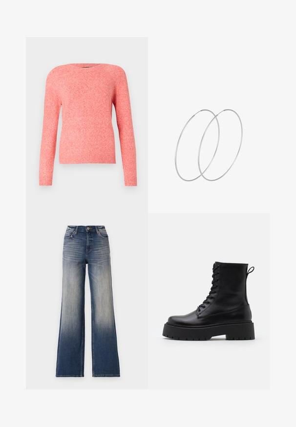 Rosa gestrickter Pullover mit langen Ärmeln, rundem Ausschnitt und gerippten Bündchen und Saum. Weiche Textur mit einem leicht melierten Erscheinungsbild.; Hochtaillierte, weit geschnittene Jeans in hellblau bis dunkelblauem Denim mit Ausbleichungen, ausgestattet mit einem Knopfverschluss und Gürtelschlaufen. Sauberer Saum und keine sichtbaren Verzierungen.; Schwarze Lederstiefeletten mit runder Zehenpartie, Schnürung vorne und einer dicken Gummisohle mit strukturiertem Profil. Mit Zugschlaufe an der Rückseite.; Silberne Creolen mit minimalistischem Design. Rundform, glatte Oberfläche und dünnes Profil. Leichtgewichtig mit hochglänzender Oberfläche.