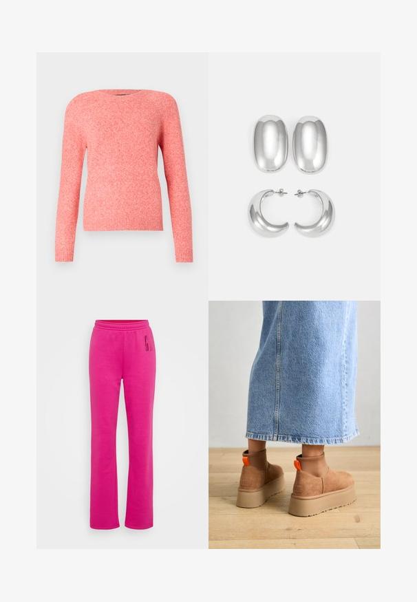 Roosa kudumipusa pikka varrukatega, ümmarguse kaelusega ning soonikute ja äärtega. Pehme tekstuur, millel on pisut melange'ine välimus.; Roosa dressipükste elastse vöökoht, sirge jala lõige ja suur trükitud "G" logo vasakul reiel. Pehme puuvillane segu materjal.; Pruunid nahatooted platvormikontsad elastsete külgpaneelidega ja oranžide tõmbetuttidega, koos puusani ulatuva heleda denim-seelikuga puidust põrandal.; Hõbedast kõrvarõngaste komplekt: kaks ovaalset kinnitust ja kaks poolkuu kujulist rippuvat kõrvarõngast, millel on läikiv ja sujuv viimistlus ning ümar disain.