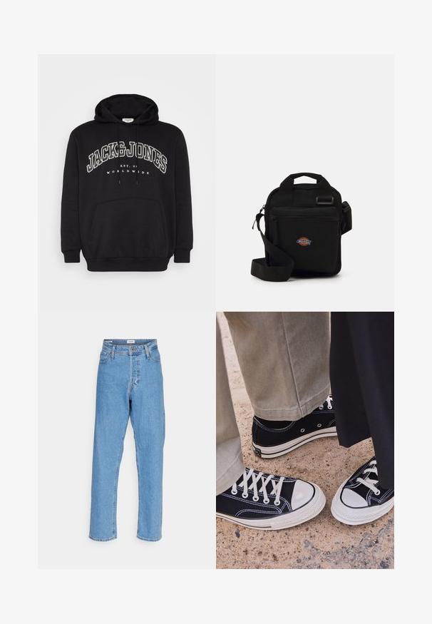 Black hoodie made of cotton blend fabric. Features a front kangaroo pocket, drawstring hood, and white printed brand logo on the chest.; Light blue high-waist straight-leg jeans with front button, zipper closure, belt loops, and five-pocket design on white background.; Black canvas sneakers with white rubber toe caps and laces. Contrast stitching and metal eyelets add detail. Worn with beige pants and black fabric.; Black crossbody bag with a zippered pocket, rectangular shape, made of fabric, featuring a logo patch on the front, adjustable shoulder strap.